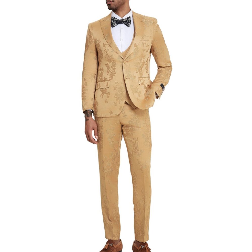 Gold Floral Pattern Peak Lapel 3 Piece Skinny Fit Men's Suit
